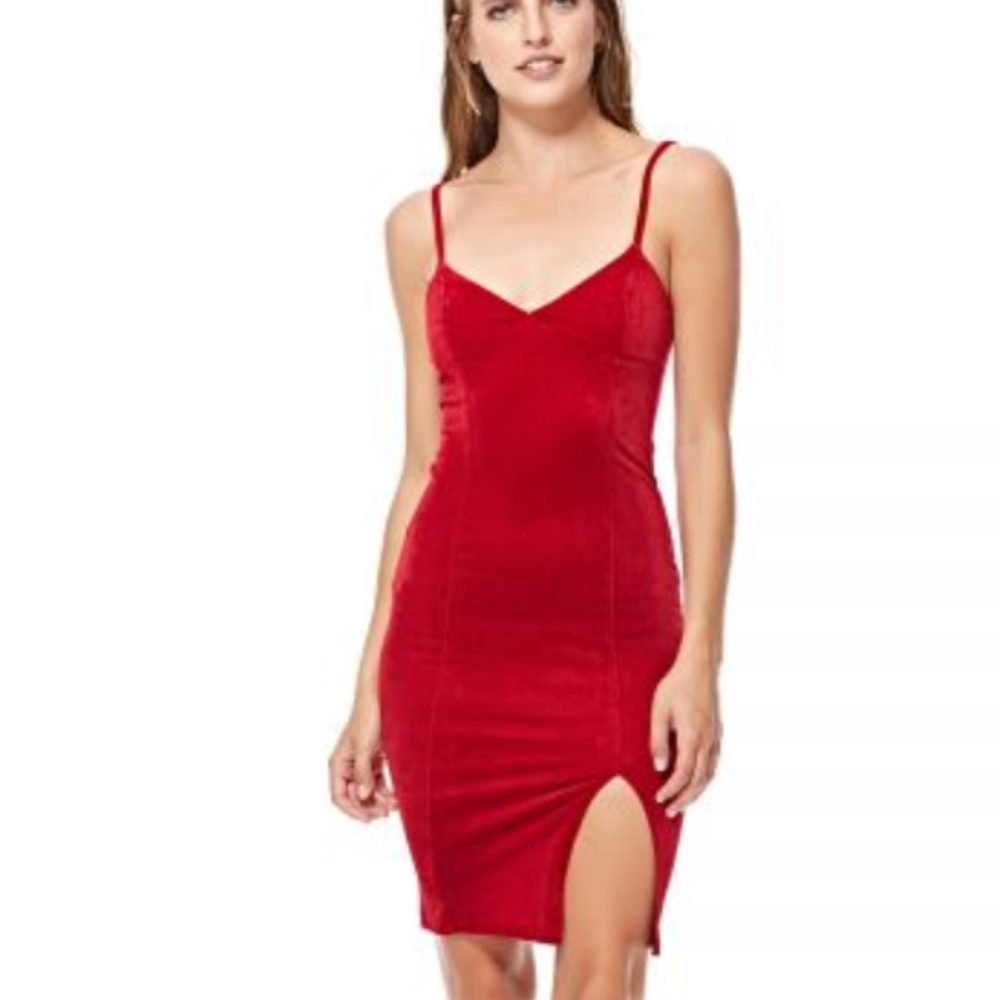 Red Velvet Cami V-Neck Dress w/ Front Slit Small